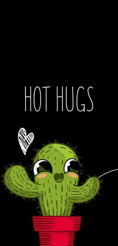 Cute cartoon cactus in pot with 'Hot Hugs' text on black background.