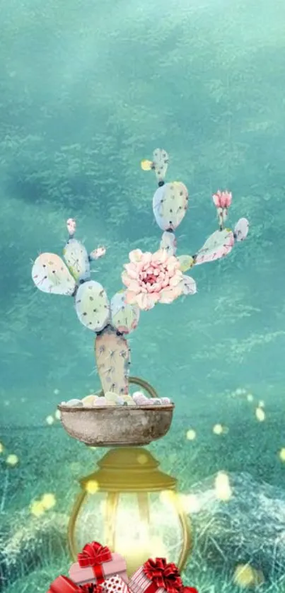 Fantasy wallpaper with cactus on lantern and teal sky.