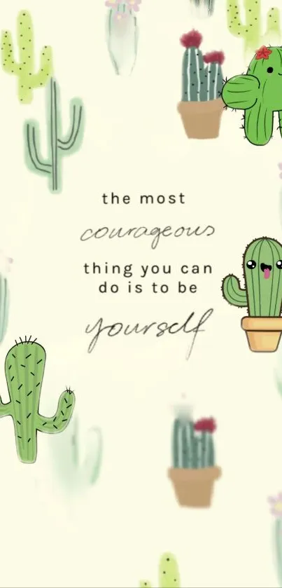 Cactus-themed mobile wallpaper with motivational quote and cute illustrations.