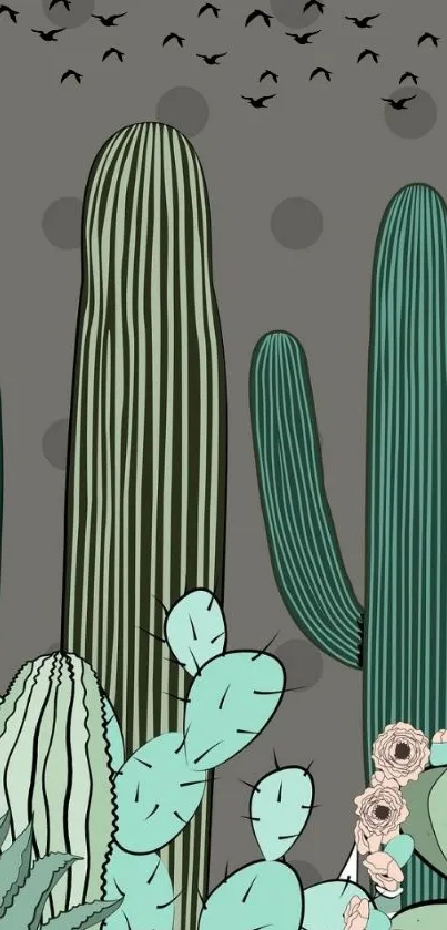 Stylish cactus-themed wallpaper with green plants on gray background.