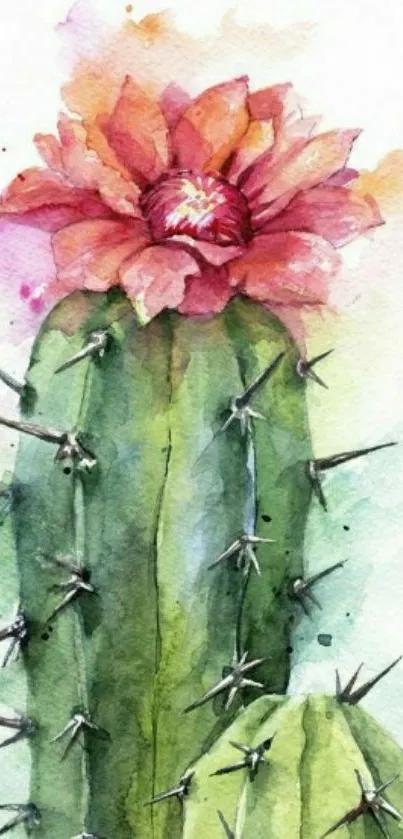 Watercolor cactus with blooming flower artwork.