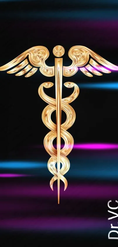 Mobile wallpaper of a golden caduceus on a black background.