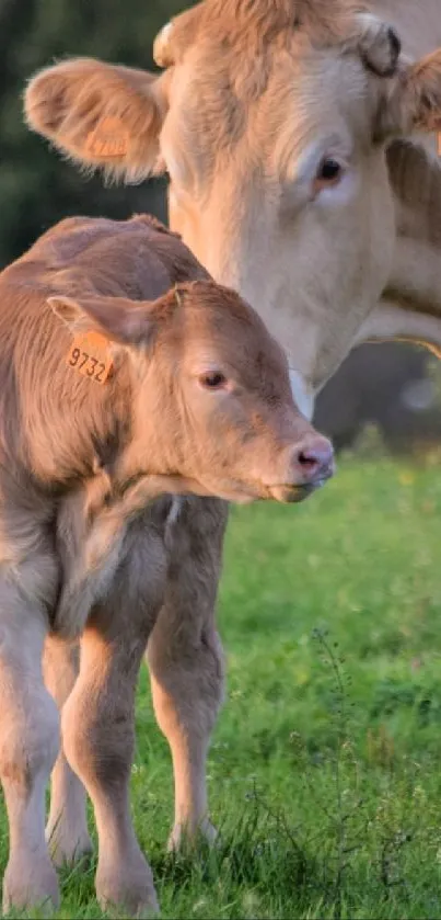 Cow and calf in a lush green pasture with a tranquil background.
