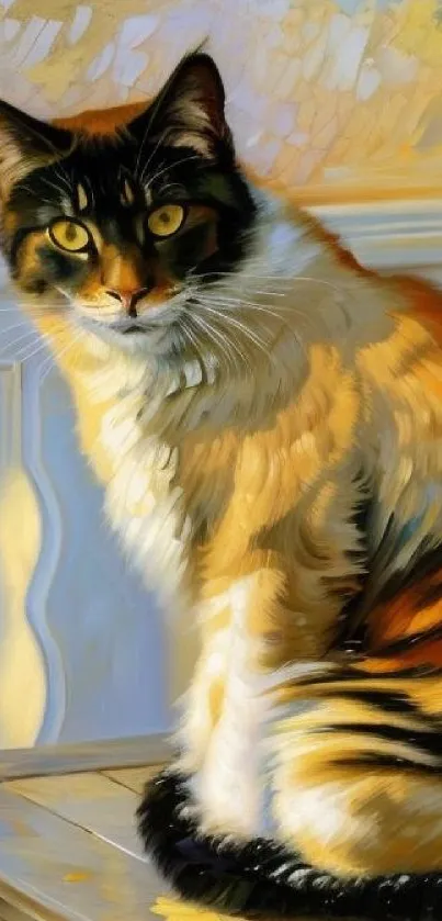 Artistic painting of a cat with vibrant colors on a digital wallpaper.