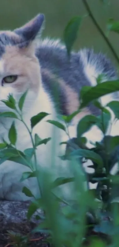 Calico cat resting in lush greenery.