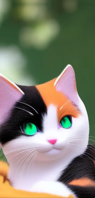 Calico cat with green eyes on a vibrant mobile wallpaper.