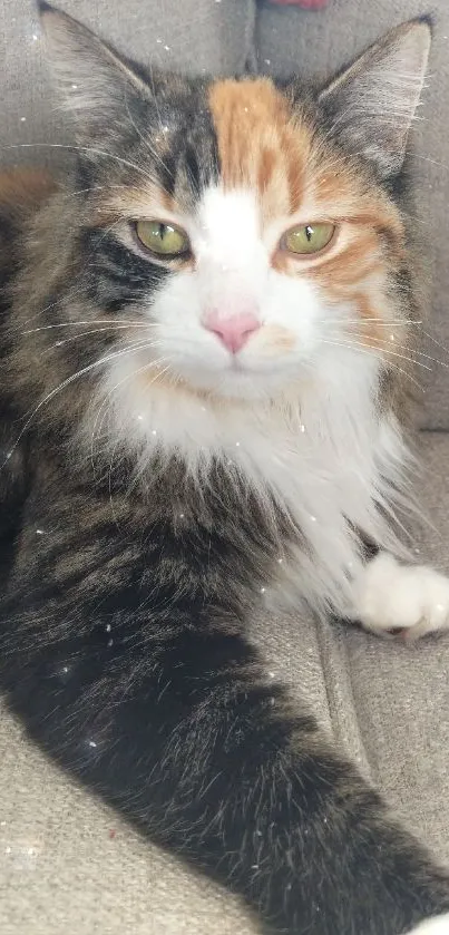 Calico cat relaxing on a beige sofa cushion.