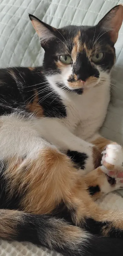 Calico cat lounging on a soft pillow.