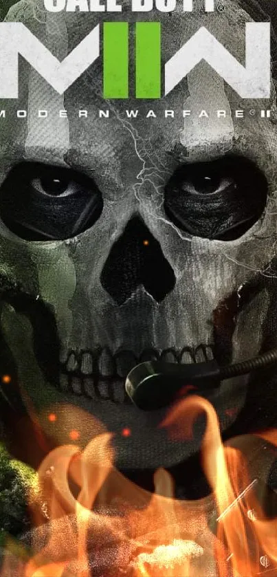 Call of Duty MWII skull wallpaper with green and gray tones, perfect for gamers.