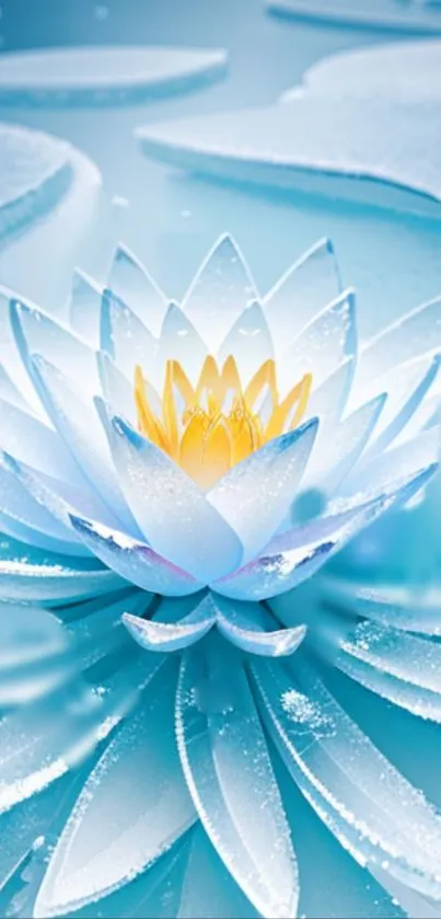 Serene blue lotus flower with a yellow center on calm water.