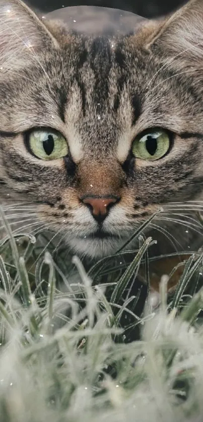 Cat with green eyes resting in lush green grass.