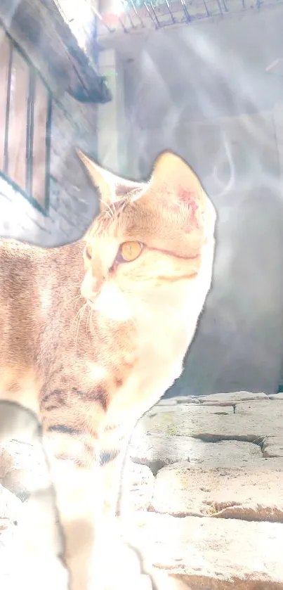 Calm cat basking in the dreamy sunlight of an alley.