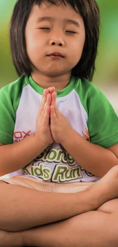 Child meditating in a calming green setting.