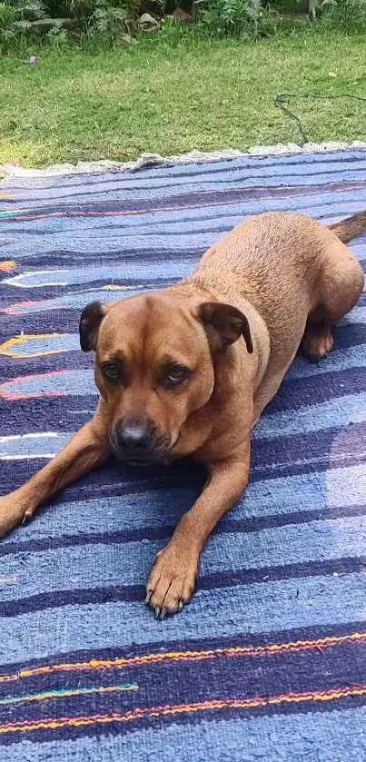 Brown dog resting on a vibrant blue rug outdoors.