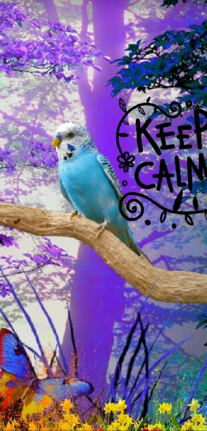 Blue bird on branch with colorful background.