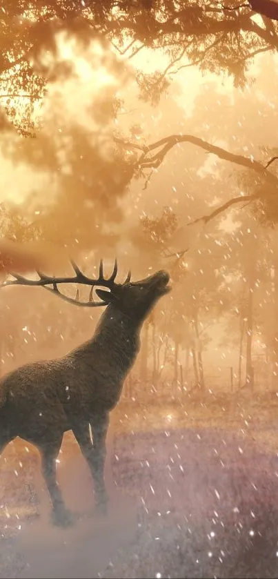 Majestic deer in a golden forest, under a softly falling mist.