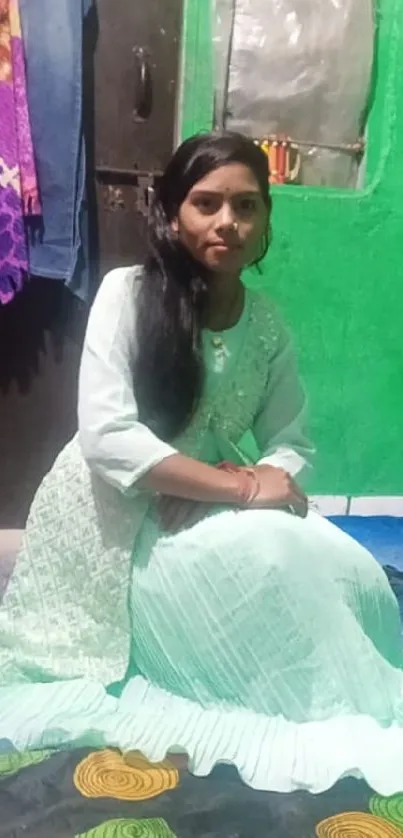 Girl in a serene, green-themed room, wearing traditional attire.