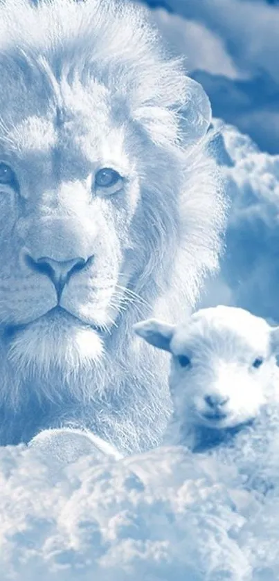 Wallpaper of a lion and lamb set against a tranquil blue sky.