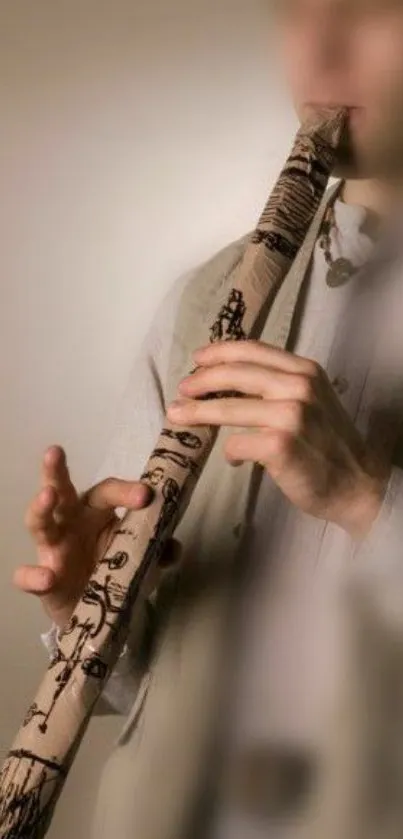 Person playing a peaceful wooden flute, creating a calm atmosphere.