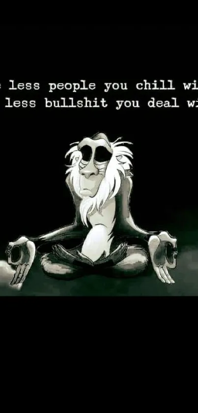 Meditating monkey with wisdom quote on a black background.