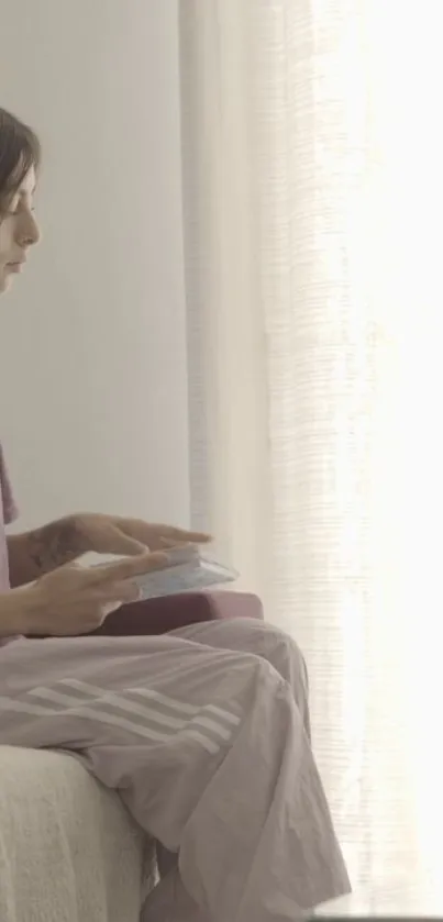 Woman reading in a sunlit room with soft beige tones.