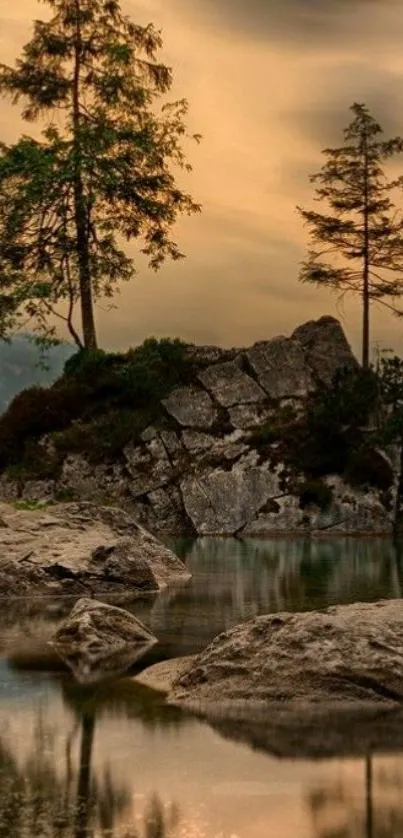 Serene nature scene with trees and lightning.