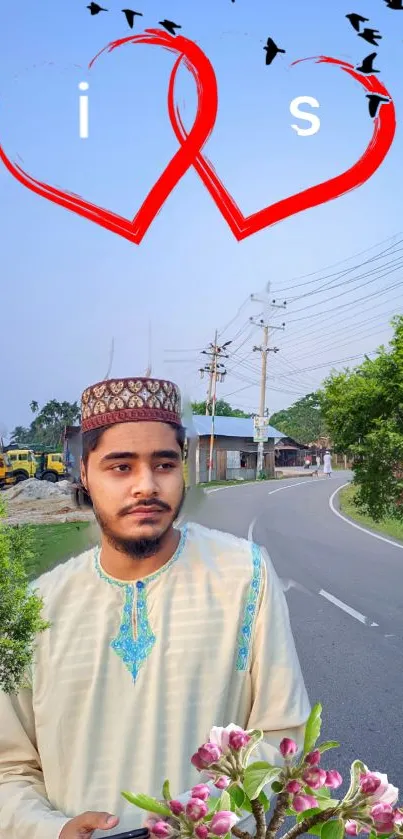 Serene roadside scene with greenery and sky blue background.