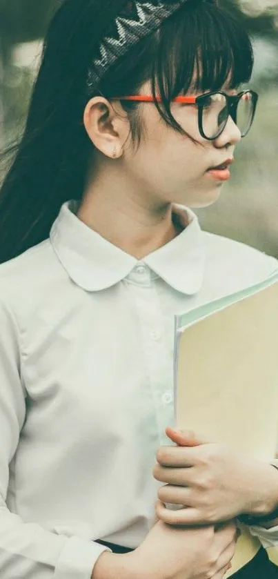 Young student with books in a serene outdoor setting.