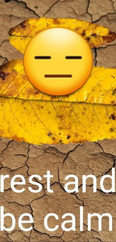 Calming wallpaper with yellow leaf emoji on brown cracked background.