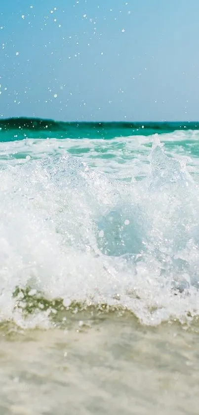 Serene ocean waves with clear blue sky and foamy surf.