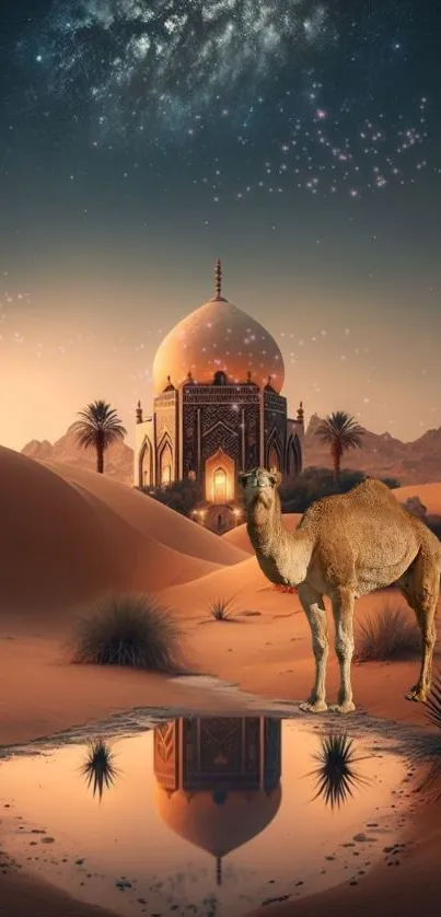 Desert landscape with camel and moonlit sky in a serene night setting.