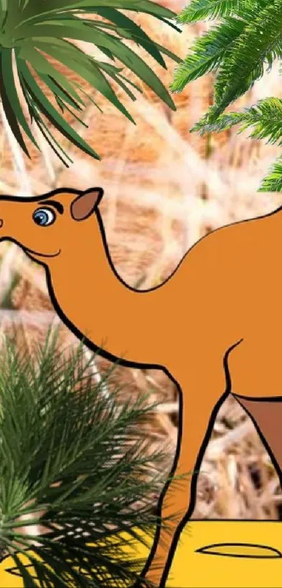 Cartoon camel in an oasis with lush green plants and sandy background.