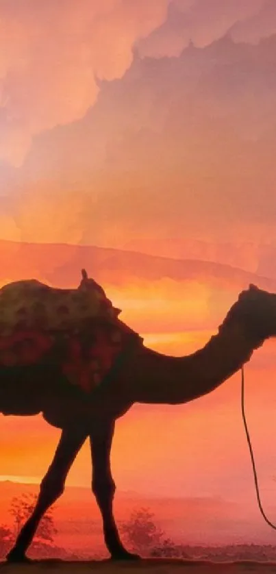 Silhouette of a camel against a vibrant orange sunset sky.