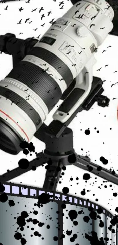 Artistic camera lens with black splatters on a mobile wallpaper background.