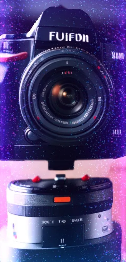 Floating camera lens in a purple abstract design, vibrant cosmic theme.