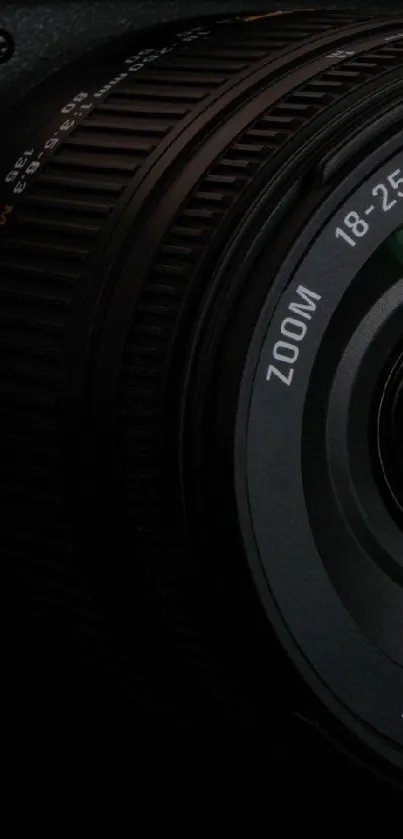 Close-up of a professional camera lens with intricate details and reflections.