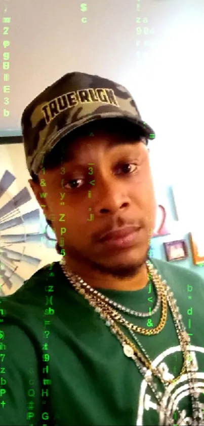 Person in camo cap with cyber aesthetic background.