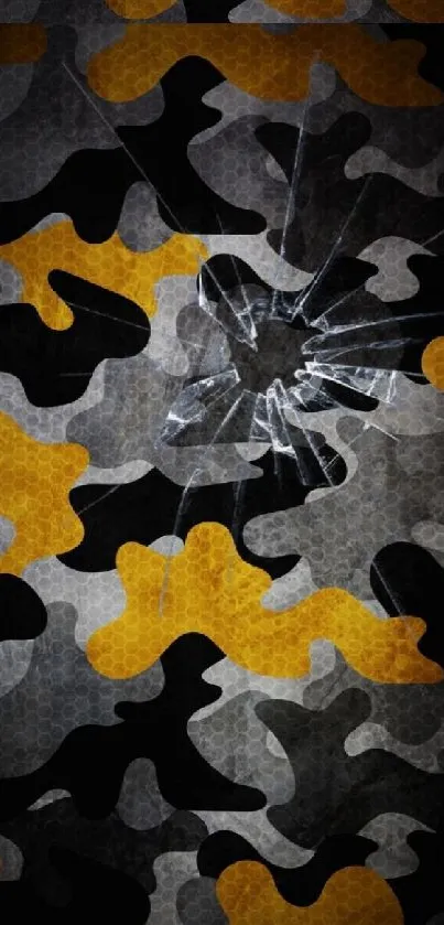 Camo cracked effect mobile wallpaper in black and orange hues.