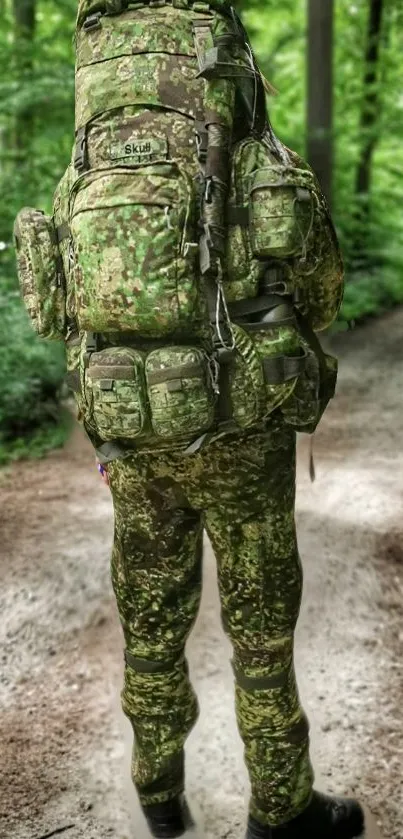 Camouflaged hiker in lush green forest setting.