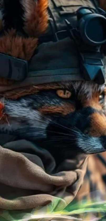 Fox wearing tactical gear mobile wallpaper in brown hues.