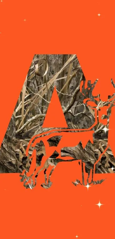 Orange mobile wallpaper with camo letter 'A' and deer silhouette.