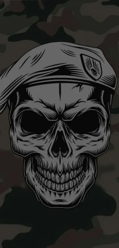 Camo skull design on dark background for mobile wallpaper.