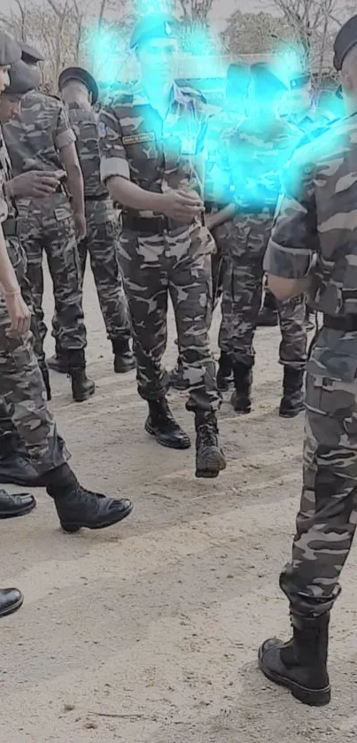 Soldiers in camo with neon blue glow effect.