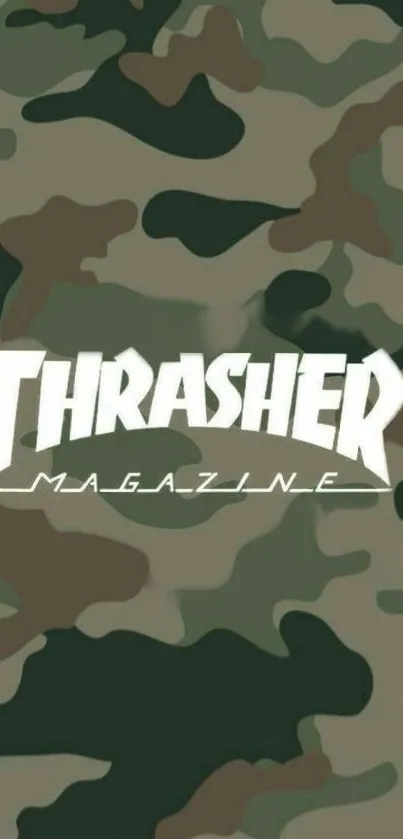 Thrasher camouflage mobile wallpaper with bold logo and urban style.