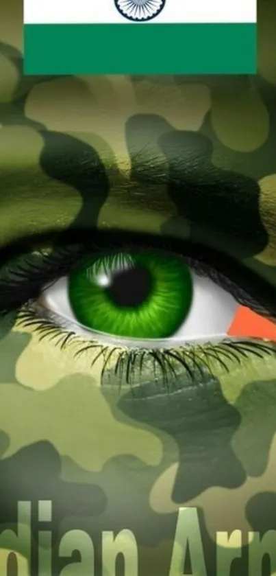 Camouflage face with green eye and army theme emphasizing patriotism.