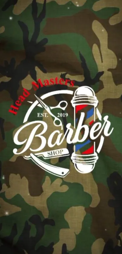 Camouflage pattern with barber shop text and symbols on a mobile wallpaper.