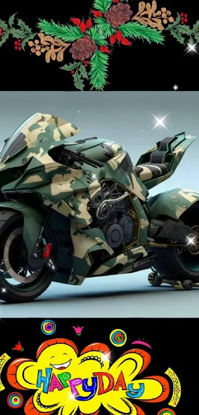 Camouflage motorcycle on black background with colorful design.