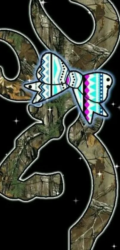 Camouflage design with colorful tribal bow on black background.