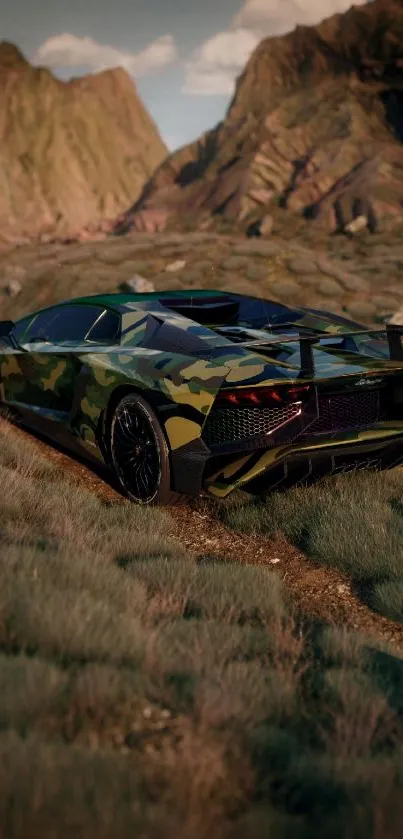 Camouflage sports car parked in mountain scenery.