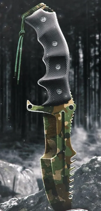 Camouflage knife in dark forest setting, misty atmosphere.